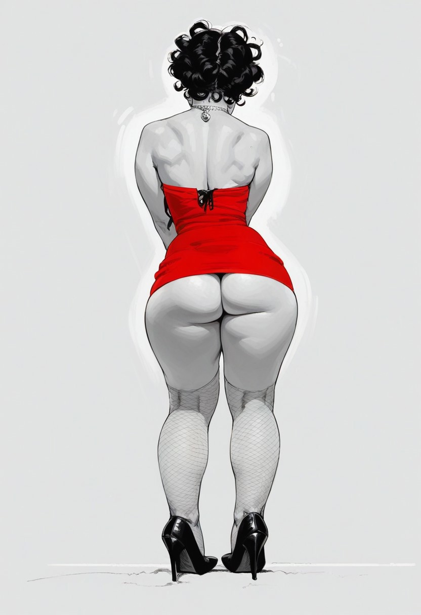 score_9, score_8_up, score_7_up, 1girl,  narrow waist, seductive expression, thick lips, athletic, toned thighs,  arched back,  dark eyes, from behind, ass,
/, monochrome background,
/, standing, in city, 
/, BettyB00p, Red Dress, fishnets, high heels, curly hair, jewellery,