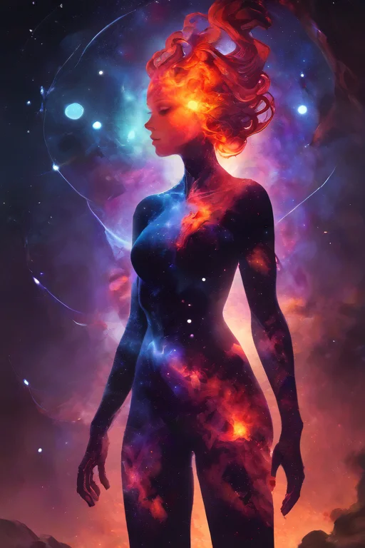 space-themed score_9,score_8_up,<lora:Turbo_XL:1>,1girl,maximum details,<lora:FireHuman:1>,firehuman,colored skin,orange fireskin,fire,empty eyes,<lora:BeautyInEvilPony:0.6>,hkevil,<lora:HerrscherAGGA2024_Nameless_Style_V2:0.4>,nameless_style,<lora:inner_galaxy:1>,inner_galaxy,silhouette,space background,stars, . cosmic, celestial, stars, galaxies, nebulas, planets, science fiction, highly detailed