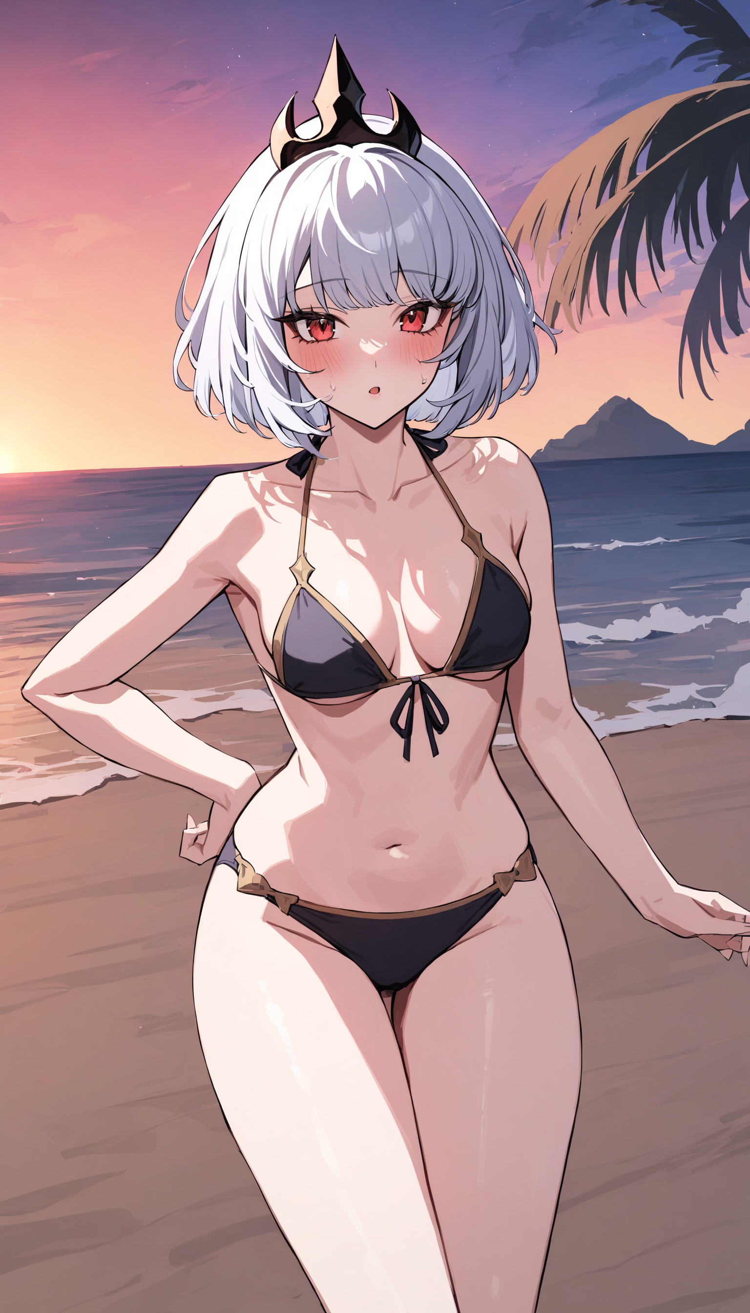 newest, 1girl, solo, Orphea, tiara, red eyes, bikini, beach  <lora:orpheaFIn:1>