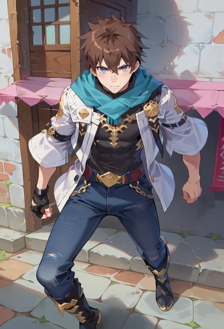 score_9, score_7_up, source_anime, BREAK  <lora:Taiki Dendro:0.9> taiki, art, solo,, 1boy, grey eyes, brown hair, very short hair,, teal scarf, black shirt, white jacket, open jacket, multiple belts, jeans, black knee boots, single fingerless glove, black glove,