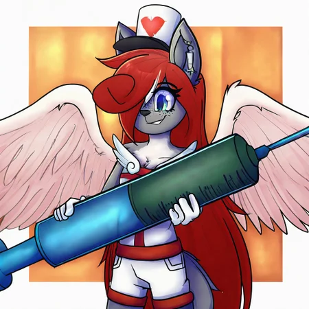 K4yl4_K1tsun3,1girl,solo,furry,furry female,very long hair,multicolored hair,orange hair,pink hair,streaked hair,hair over one eye,wolf ears,earrings,blue eyes,freckles,snout,animal nose,body fur,two-tone fur,wolf tail, white angel wings, white sleeveless shirt, white shorts, cross nurse cap, white gloves, heart nurse cap, huge syringe, holding huge syringe, oversized object, hospital