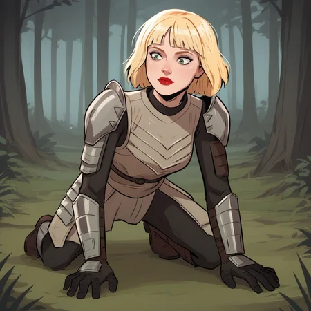 score_9_up, score_8_up, BREAK, ShinHati, 1girl, solo, blonde hair, short hair, green eyes, lipstick, armor, boots, on floor, <lora:ShinHati_PXL_Leaf1:1>, forest,