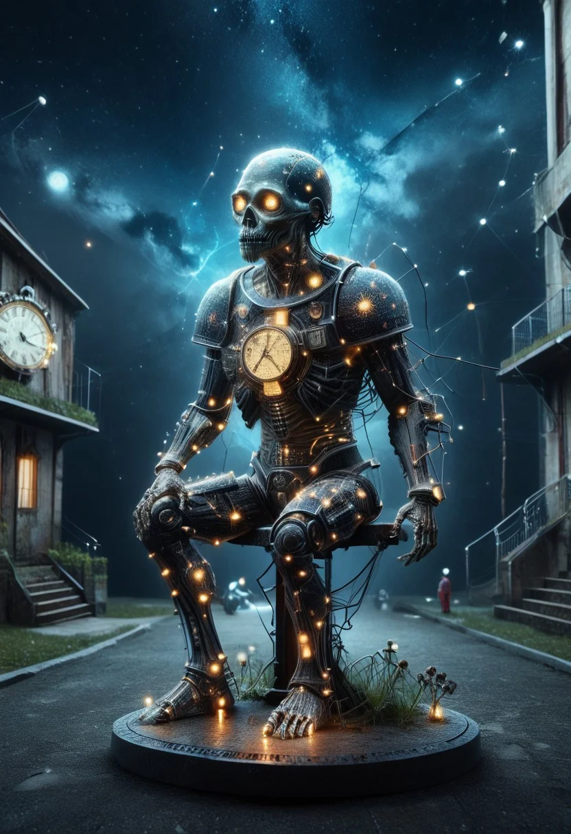 a skeleton clock sitting in the middle of a street, 3d rendered steampunk, muscular eldritch clockwork, cyberpunk skeleton, clockpunk, robot skeleton, steampunk automaton, high quality steampunk art, clockwork steampunk, skelleton, clockwork mechanical, titanium skeleton, tall skeletal figure, clockwork automaton, clockwork horror, mechanical clock, inter dimensional clockwork, 4 k human detailed!!! (starry night) starry_morph