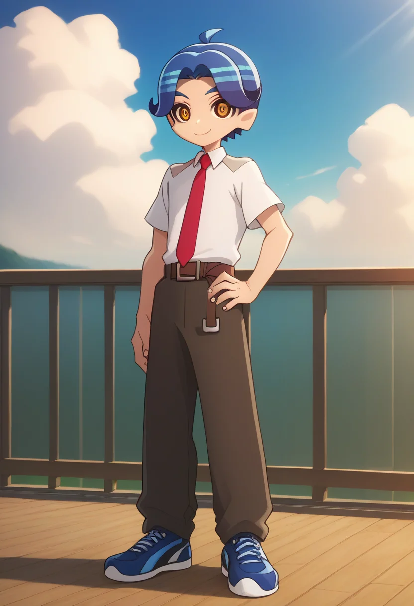 score_9,score_8_up,score_7_up,score_6_up,score_5_up,score_4_up,rimiya tsukishiro,1boy,male focus,necktie,solo,belt,pants,hand on own hip,smile,full body,shirt,shoes,standing,blue footwear,looking at viewer,sneakers,brown pants,official art,sky,cloudy sky,white collared shirt,<lora:Myth_of_Emotions_V1-1:1>,