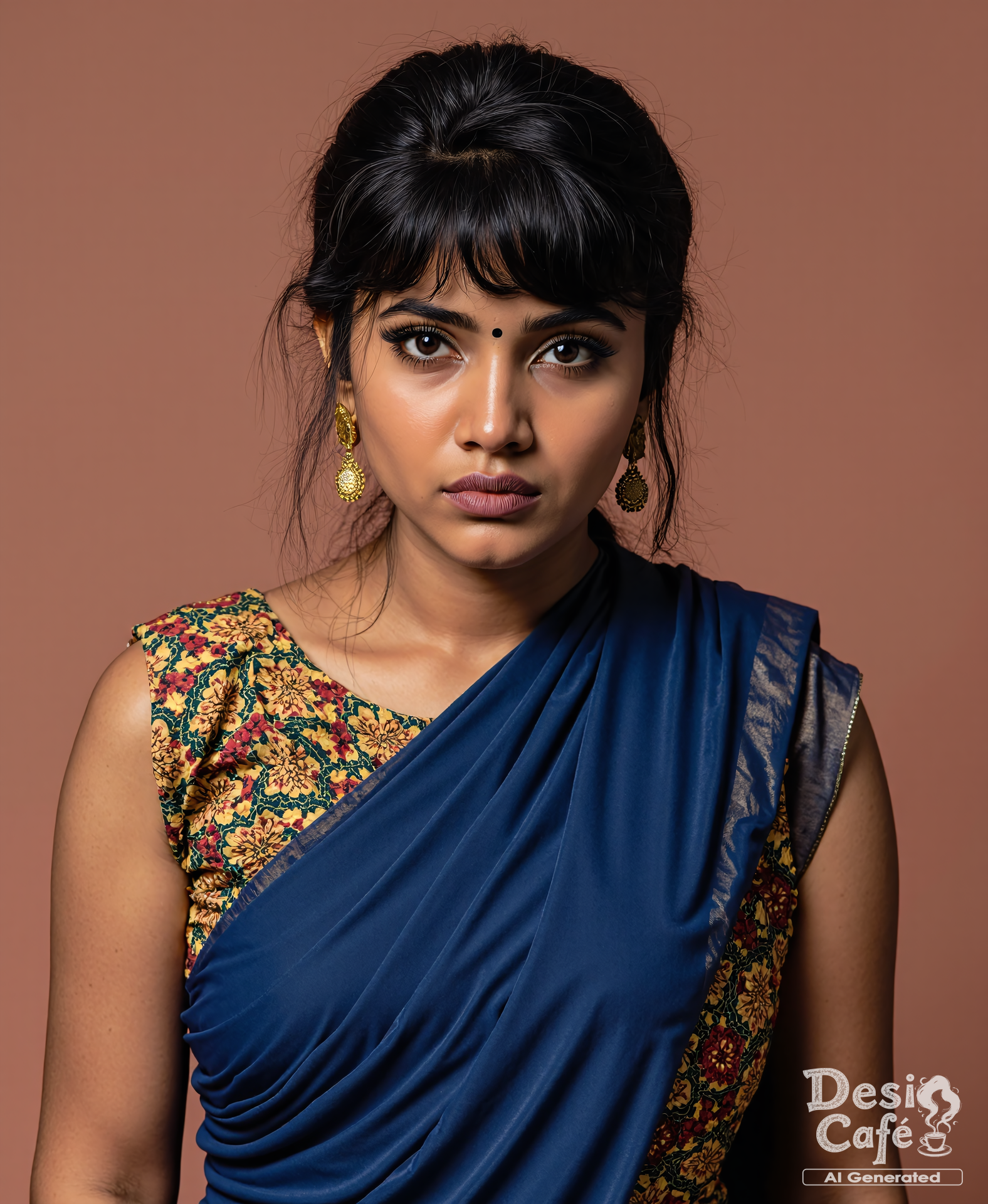 instagram photo of de51  woman with d351 h0nth, hyper realistic photo that is safe for work, angry, studio quality image with natural colors, well dressed wearing intricate sleeveless Navy Blue Bomkai Saree (Odisha traditional saree), hair styled as  bangs,muted pastel shaded multicolored background that contrasts with the person, cinematic lighting,ââ   <lora:d351 h0nth - Pouty Indian Lips - V2:1>âââ