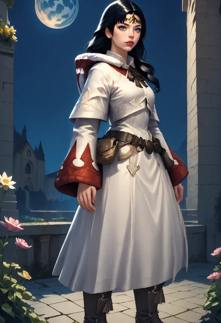 score_9, score_8_up, score_7_up, zPDXL2, <lora:RealisticAnime:1> (ultra realistic, 32k, masterpiece:1.2), (high detailed skin:1.1), (high quality:1.1), 1girl, solo, garden, church, night, full moon,
BREAK white mage, boots, belt, hood, pouch, robe, belt pouch, circlet <lora:White_Mage:1>
BREAK <lora:Gaia_FFXIV:1> gaia \(ff14\), blue eyes, lips, black hair,