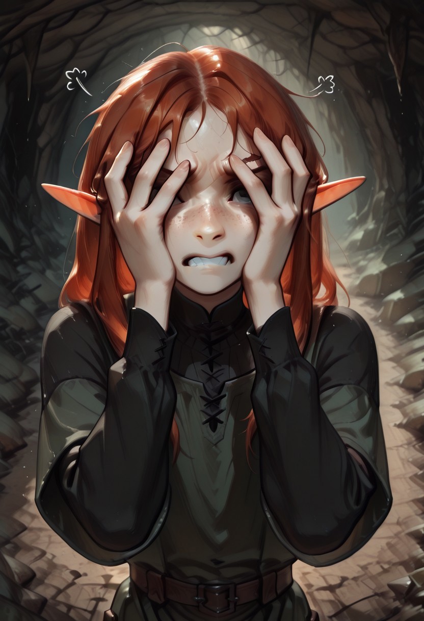 1person, solo, Lapanya, Malgha, freckles, pointy ears, Long-sleeve black shirt, green tunic,
Close up, head bowed, hands over eyes, gritted teeth, frustrated,
Underground, organic cavern,
Masterpiece, high quality, highly detailed, perfect eyes,