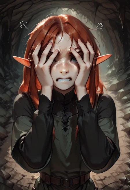 1person, solo, Lapanya, Malgha, freckles, pointy ears, Long-sleeve black shirt, green tunic,
Close up, head bowed, hands over eyes, gritted teeth, frustrated,
Underground, organic cavern,
Masterpiece, high quality, highly detailed, perfect eyes,