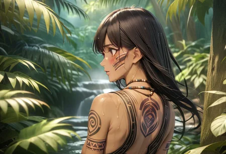 gorgeous lips, cinematic, (masterpiece), (best quality), (ultra-detailed), very aesthetic, illustration, perfect composition, intricate details, absurdres, detailed face, (anime, masterpiece, intricate:1.3), (best quality, hires textures, high detail:1.2), cowboy shot
1girl, (brown skin:1.3), tan skin, very long black hair, (messy hair:1.1),brown eyes, perfecteyes, 8k, highest quality, ultra details,( tribal girl:1.2),( tribal paint on body, tribal face paint, tribal tattoos:1.7), beaded necklace, bone necklace, bone bracelet, medium breasts, toned body, jungle,nude, barefoot.,
shy, blush, jungle setting, turned around, looking back, suprised, bathing in a waterfall, standing under waterfall, moonlight, starry sky, hair blowing in the wind, skirt blowing in the wind, running,tribal back tattoos, wet skin, wet hair, misty air, mist obscures breasts and buttocks,
,focus on girl, hunting in the jungle foliage,
BREAK, Tropical jungle, rainforest, filled with palm trees, ferns, tropical flowers, vines, a dark blue stream, small fish in the stream, night time