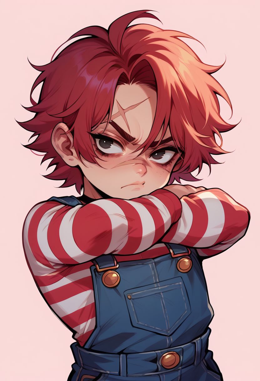 score_9, score_8_up, score_8, source_anime, 1boy, femboy, Chucky, red hair, overalls, striped top, sulking, pout, pouty, pouting, scar, arms crossed,
simple background, pink background, (solo), shortstack, upper body,