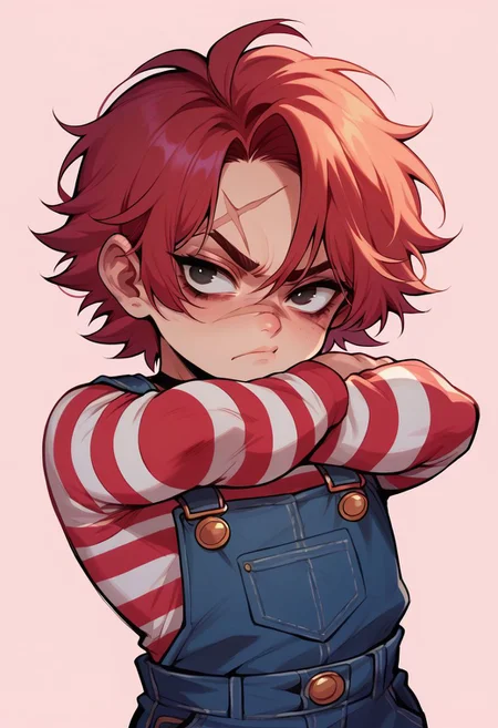 score_9, score_8_up, score_8, source_anime, 1boy, femboy, Chucky, red hair, overalls, striped top, sulking, pout, pouty, pouting, scar, arms crossed,
simple background, pink background, (solo), shortstack, upper body,