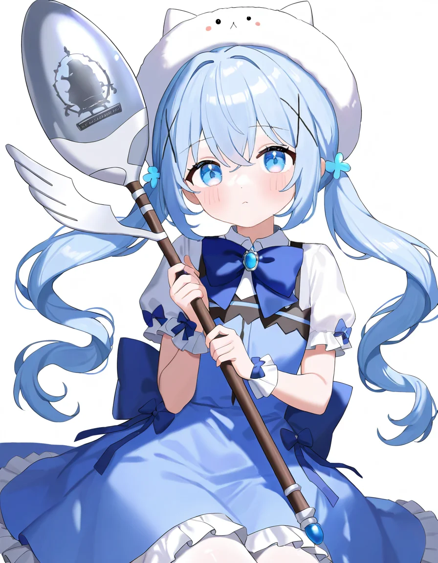 xuenai,1girl,looking at viewer,white background,blue hair,cowboy shot,simple background,<lora:xuenai-000016:1>,sitting,holding,holding spoon,oversized object,spoon,, masterpiece, best quality, very aesthetic, absurdres,newest, incredibly absurdres,