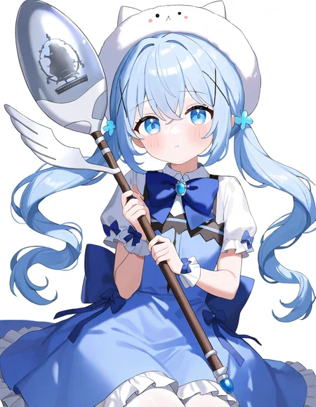 xuenai,1girl,looking at viewer,white background,blue hair,cowboy shot,simple background,<lora:xuenai-000016:1>,sitting,holding,holding spoon,oversized object,spoon,, masterpiece, best quality, very aesthetic, absurdres,newest, incredibly absurdres,