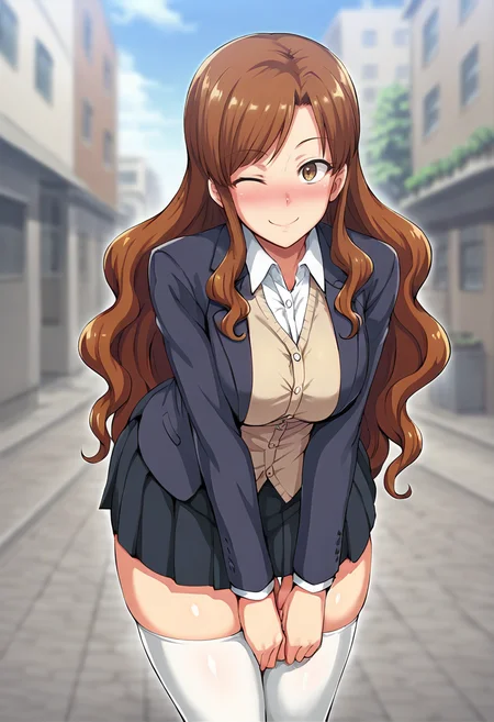 score_9, score_8_up, score_7_up, 1girl, pleated skirt, thighhighs, zettai ryouiki, skindentation, blazer, beige shirt, outdoors, street, solo, brown hair, long hair, wavy hair, looking at viewer, cowboy shot, one eye closed, smile, nose blush, leaning forward, 
<lora:Fan_no_hitori_r1:0.75>