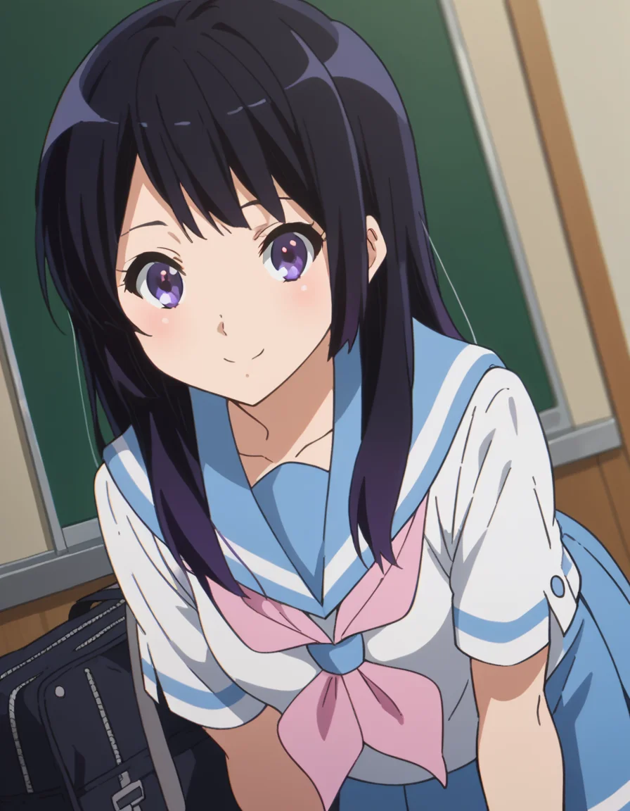 score_9, score_8_up, score_7_up, source_anime,
reinakousaka, <lora:reina-kousaka-ponyxl-lora-nochekaiser:1>,
reina kousaka, long hair, bangs, black hair, purple eyes,
skirt, shirt, school uniform, white shirt, short sleeves, pleated skirt, serafuku, sailor collar, blue skirt, neckerchief, blue sailor collar, school bag, pink neckerchief, kitauji high school uniform,
indoors, classroom, bent over, smile,
looking at viewer, cowboy shot, dutch angle,