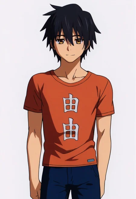 ((masterpiece)), ((best quality)), ((ultra-detailed)), ((absurdres)), score_9_up, score_8_up, score_7_up,
HD, top quality, best quality, amazing quality, High-quality illustrations, anime screencap, source_anime, best aesthetic, perfect proportions, perfect eyes, 1boy, 1male, solo boy, solo male, male focus, solo male focus, Anime, boy, male anime character, anime boy, handsome, cute, charming, Jinta Yadomi, black hair, brown-yellow eyes, orange shirt with white japanese letters, blue pants, easynegative, updn, Expressiveh, masterpiece, best quality, very aesthetic, absurdres, ((cowboy shot, head to hips shot))