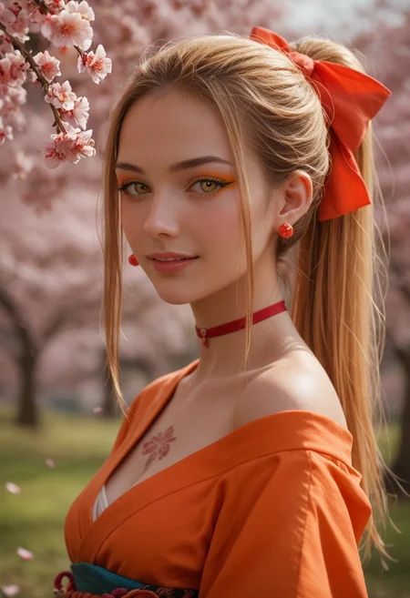 score_9_up, score_8_up, score_7_up, score_6_up, 1girl, 25 years old, perfect face, sexy, (adult),
side view, detailed face, portrait, face focus, depth of field, looking at viewer, blush, shy smile, close up,
yellow eyes, orange eyeliner,
blonde hair, long hair, ponytail, hair between eyes, earrings, stud earrings, red hair ribbon,
red choker,
obi, hadanugi dousa, orange kimono, obiage, obijime, sash, short sleeves, single bare shoulder,
chest tattoo, flower tattoo,
spring, cherry blossoms