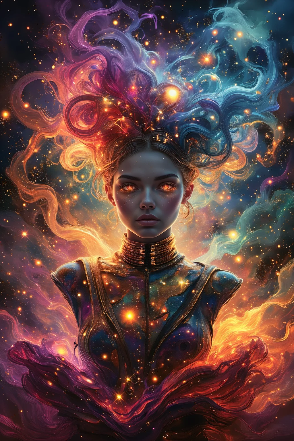 in ARTIST style, masterpiece, female sentient cloud being, wispy form composed of swirling stardust and nebula gas, attire a symphony of celestial bodies galaxies draped like scarves, comets as sashes, rendered in a cosmic abstract style with swirling brushstrokes, wearing unique Avant-garde masterpiece attire and headdress, bathed in the diffused glow of a neutron star, set against the backdrop of a colliding galaxies fiery tendrils of energy weaving between them, Background is Deep space with a churning vortex of color and light, hyperdetailed, intricate details, Refined details, best quality, highly detailed textures, very stylish detailed modern haircut, mesmerizing detailed radiant face, mesmerizing detailed beautiful eyes, (red hybrid orange) neon light,scifi,
<lora:Space-flux:0.8> noc-space,
<lora:aidmaGLOWV4wc:0.6> aidmaGlow,
<lora:edgy_fashionista_flux_ntc_v2:0.5>,
<lora:bokeh_flux_ntc:0.5>,
<lora:detailed_flux_ntc:0.5>