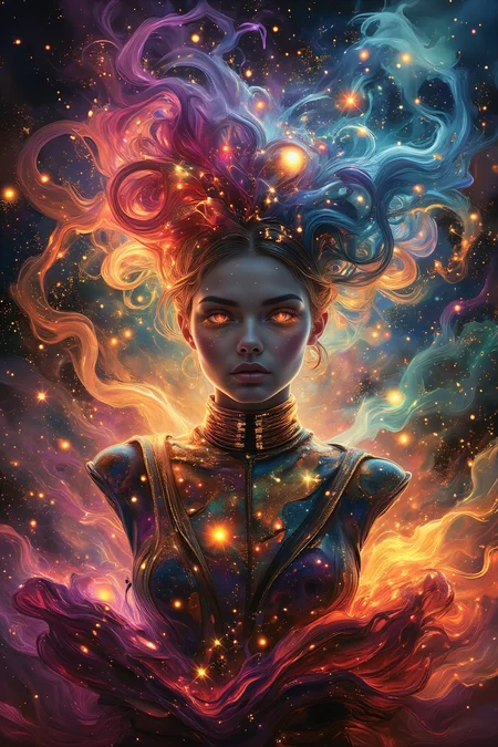 in ARTIST style, masterpiece, female sentient cloud being, wispy form composed of swirling stardust and nebula gas, attire a symphony of celestial bodies galaxies draped like scarves, comets as sashes, rendered in a cosmic abstract style with swirling brushstrokes, wearing unique Avant-garde masterpiece attire and headdress, bathed in the diffused glow of a neutron star, set against the backdrop of a colliding galaxies fiery tendrils of energy weaving between them, Background is Deep space with a churning vortex of color and light, hyperdetailed, intricate details, Refined details, best quality, highly detailed textures, very stylish detailed modern haircut, mesmerizing detailed radiant face, mesmerizing detailed beautiful eyes, (red hybrid orange) neon light,scifi,
<lora:Space-flux:0.8> noc-space,
<lora:aidmaGLOWV4wc:0.6> aidmaGlow,
<lora:edgy_fashionista_flux_ntc_v2:0.5>,
<lora:bokeh_flux_ntc:0.5>,
<lora:detailed_flux_ntc:0.5>