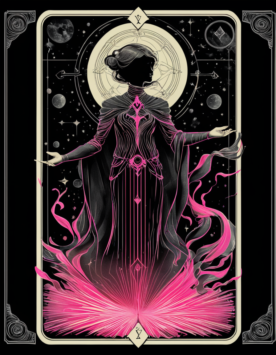 <lora:artfullyTAROT1LINE_SDXL_V1:1>,the front of an old card,tarot,tarot card,the magician,((1 line 1 color)),calligraphy,minimal,geometric,(2 colors total),lime,pink,black)) background,marker,((fine liner),masterpiece)),detailed,intricate,best quality,absurd resolution,tl4,sharp crisp ines,masterwork by artisan calligrapher,lines flow from one aspect to another,neon pink,nen liume,obsidian,ivory,vantablack,(((1 line ))) illustration,masterpiece,absurd resolution,vibrant colorstory,high contrast,holographic,
