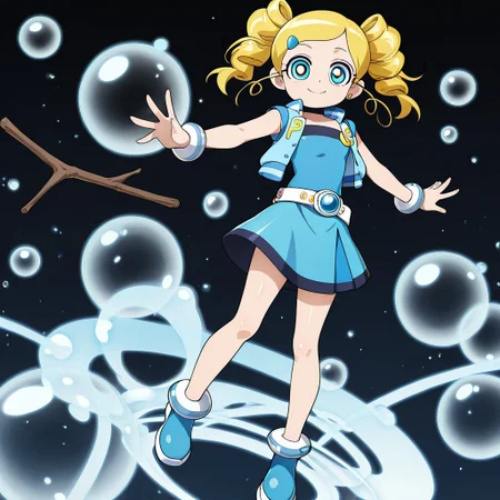 masterpiece, best quality, amazing quality, very aesthetic, absurdres, newest,shiny skin,, anime screenshot, xdive, anime coloring, black background, solo, full body, ppgzmiyako, rollingbubbles, belt, blue shirt, strapless, blue skirt, blue vest, Stick, bubbles, smile