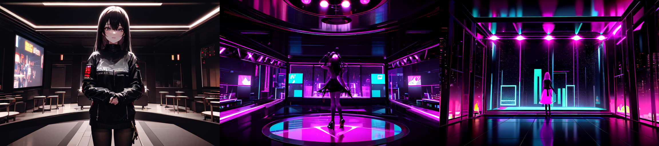 highly insanely detailed, masterpiece, top quality, best quality, highres, 4k, 8k, RAW photo, (very aesthetic, beautiful and aesthetic), 
__lazy-wildcards/subject/env-bg-interior/cyberpunk_club/prompts__, 
<lora:Cyberpunk_Club:0.3>, 
(1girl:1.3), 1other, 
__lazy-wildcards/dataset/background__,âââ