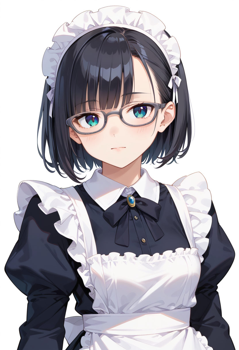 score_9, score_8_up, score_7_up, rating_safe, masterpiece, best quality, absurdres, unity 8k wallpaper, official art, official style, source_anime, uncensored, game cg, megami magazine,
1girl, solo, black hair, medium hair, upper body, covered eyes,maid, maid headdress, black dress, maid apron, face focus,
oval_cell, glasses, still life, white background, simple background, grey-framed eyewear,
 <lora:glasses_OvalCell2_PONY_V1:1>