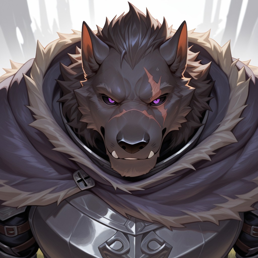 masterpiece, best quality, amazing quality, solo, 1boy, Blaidd, scar, bara, purple eyes, black sclera, armor, cloak, close up, null-ghost style, 