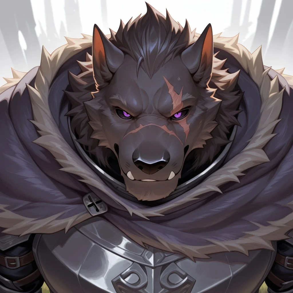 masterpiece, best quality, amazing quality, solo, 1boy, Blaidd, scar, bara, purple eyes, black sclera, armor, cloak, close up, null-ghost style, 