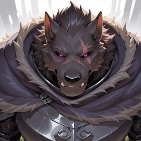 masterpiece, best quality, amazing quality, solo, 1boy, Blaidd, scar, bara, purple eyes, black sclera, armor, cloak, close up, null-ghost style, 