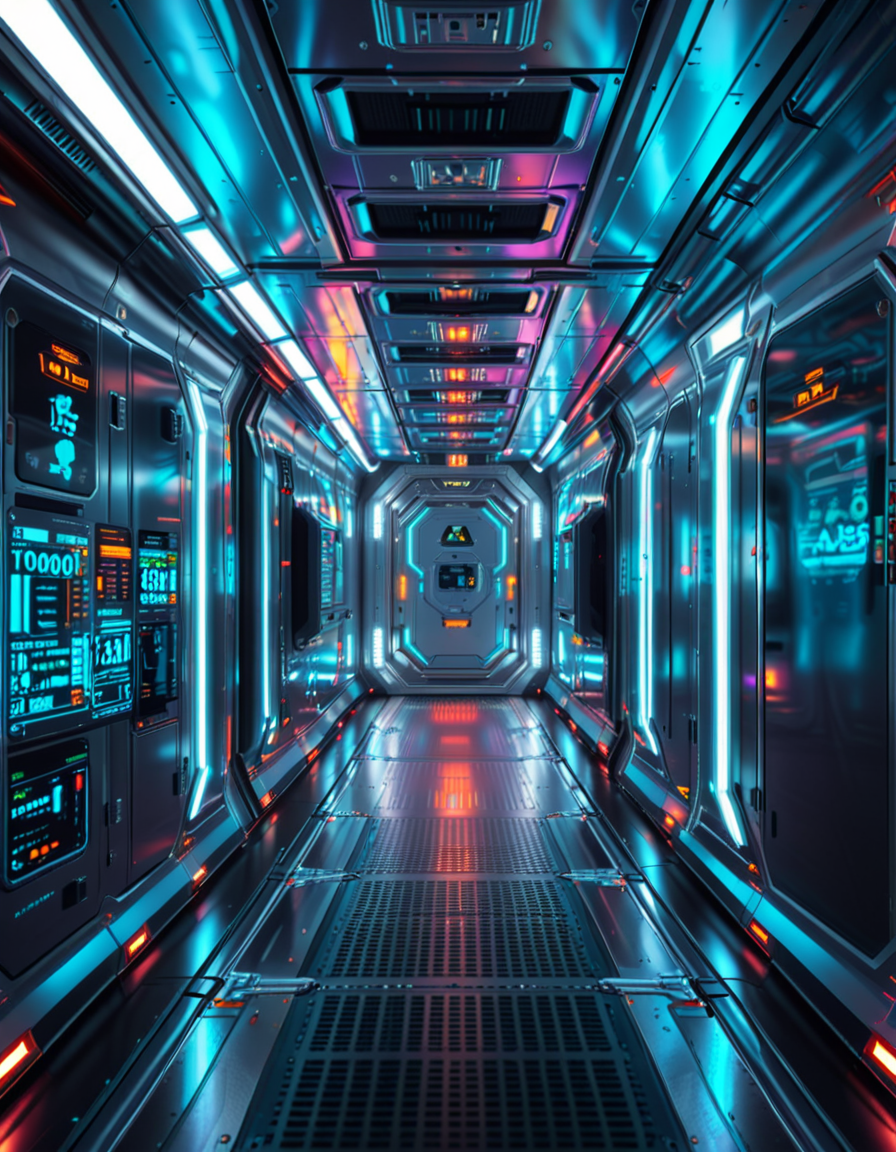 A highly detailed futuristic spaceship corridor, illuminated by soft neon blue and purple lights. The walls are made of sleek metallic panels, with glowing circuits and holographic displays integrated into the design. The floor is reflective and polished, with a faint grid pattern that emits a subtle white glow. Pipes and cables run along the ceiling, interspersed with small ventilation grids and blinking lights. The corridor stretches into the distance, creating a sense of depth, with a slight curve that hints at the massive scale of the spacecraft. The atmosphere feels clean, modern, and slightly sterile, with a sci-fi aesthetic inspired by movies like Blade Runner and Star Wars. The overall lighting is ambient and slightly dim, accentuating the futuristic ambiance. No characters or people are present, focusing entirely on the corridor's architecture and design.<lora:SDXLFaeTastic2400:0.4> <lora:extremely_detailed:0.4> extremely detailed, <lora:futuristic_spaceship_c0rr1d0r:1>,futuristic spaceship c0rr1d0r, Masterpiece,best quality,hi res,8k,hi res,8k,award winning,(sharp focus, intricate, highly detailed),