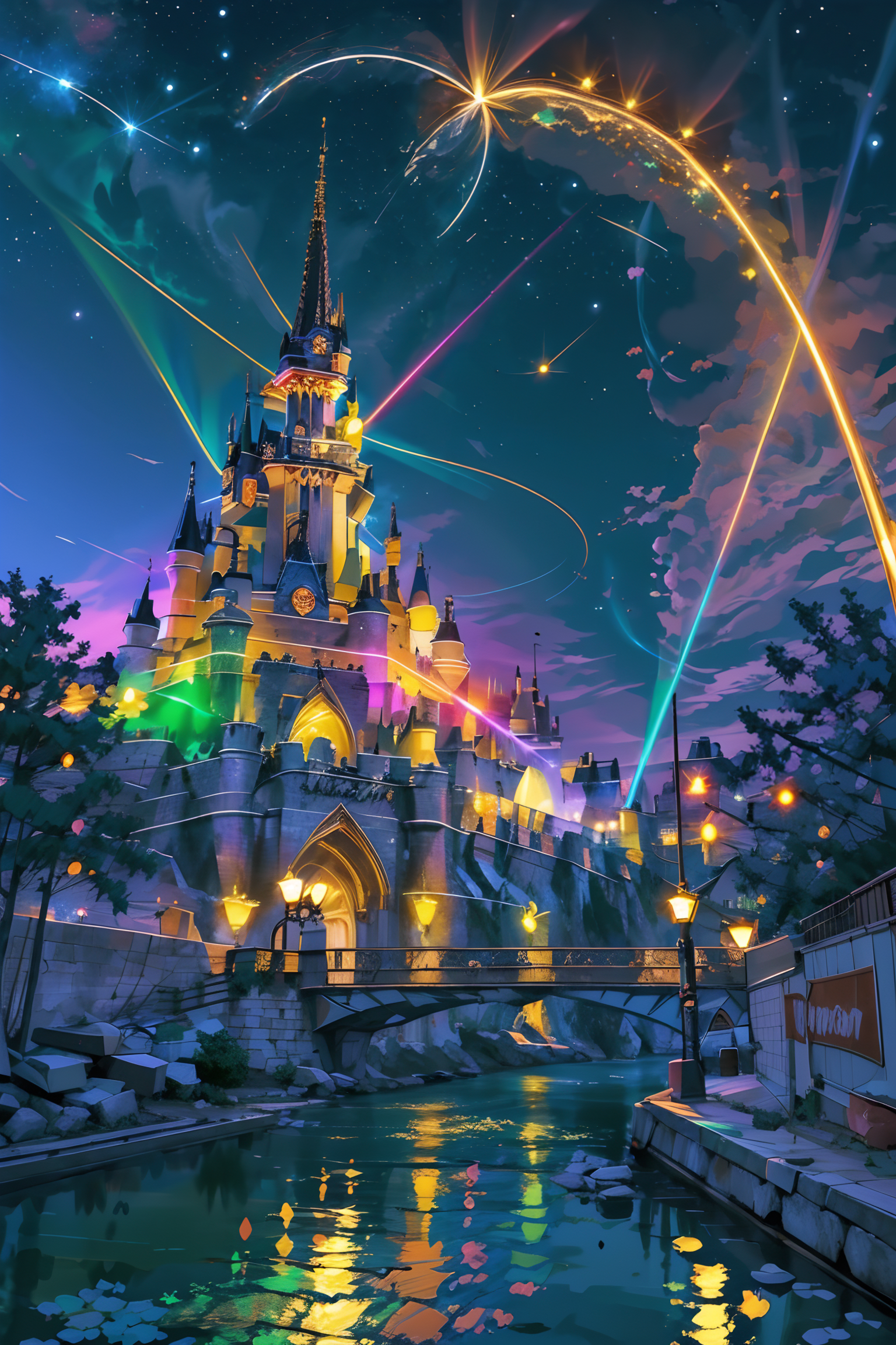 (masterpiece:1.3),(best quality:1.1) alternate universe,comet,neon lights,reflection,<lora:neon_v1:0.25>,neon light,neon sign,neon,LED,night,night sky,laser,<lora:Detailed_Places_R-128_v1:0.7>,no humans,scenery,theme_park,