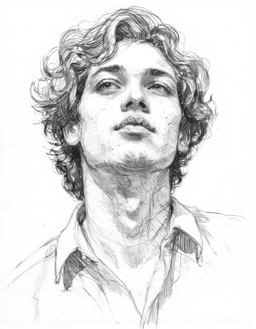 This is a highly detailed pencil drawing of a young man with a contemplative expression. The artwork is rendered in a realistic, detailed style with intricate pencil strokes that capture the nuances of the subject's facial features. The man's head is tilted slightly back, his eyes gazing upward with a thoughtful or introspective expression. His curly, wavy hair is depicted with a mix of long and short strands, adding texture and depth to the drawing. <lora:Sketch:1>