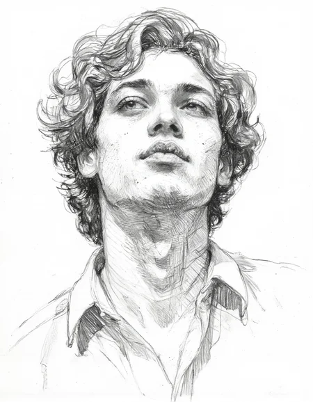 This is a highly detailed pencil drawing of a young man with a contemplative expression. The artwork is rendered in a realistic, detailed style with intricate pencil strokes that capture the nuances of the subject's facial features. The man's head is tilted slightly back, his eyes gazing upward with a thoughtful or introspective expression. His curly, wavy hair is depicted with a mix of long and short strands, adding texture and depth to the drawing. <lora:Sketch:1>