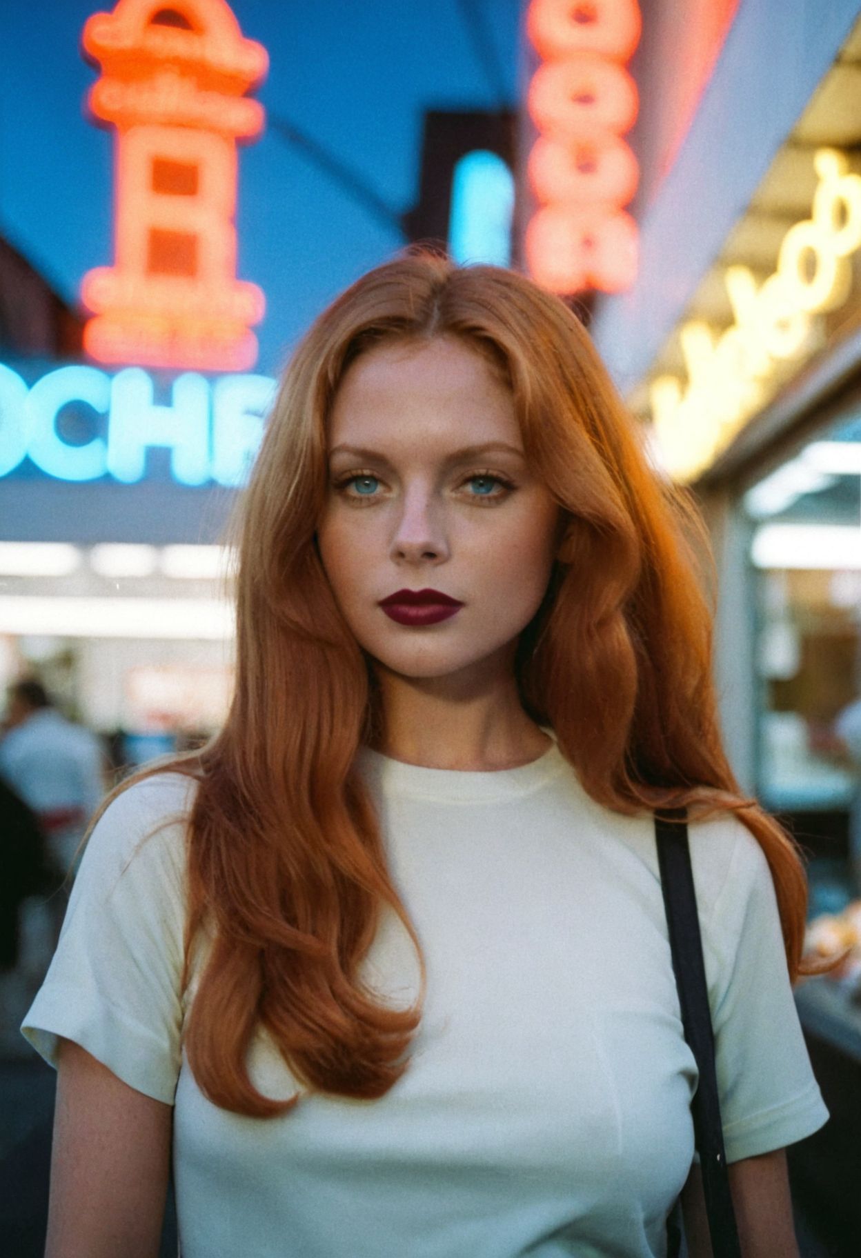 ((CinematicPortrait analog photo)) ginger woman outdoors, blue eyes, (glossy dark lipstick), (nighttime shop neon sign), ((soft focus, depth of field, film grain, looking at viewer)) <lora:CinematicPortraitXL_v3:0.65>