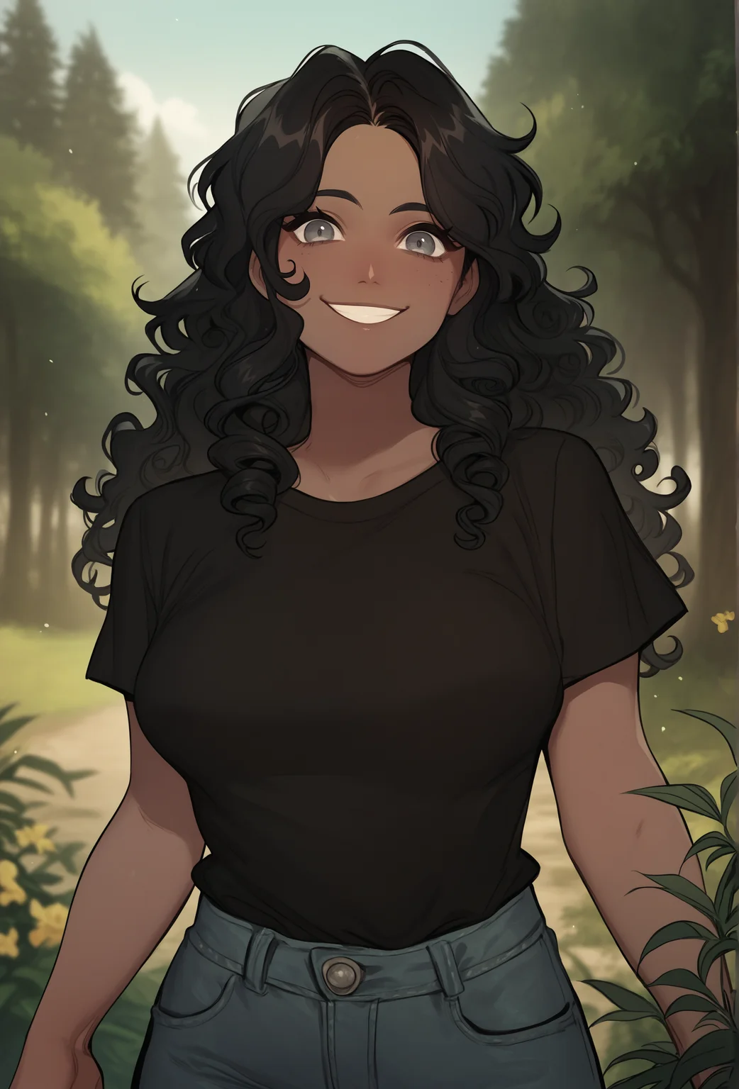 score_9, score_8_up, score_7_up:1, depth of field, outdoors, nature,
<lora:glacierclear_style_ponyXL_v2.3:1> gclearstyle, 1girl, black hair, curly hair, long hair, medium breasts, grey eyes, smile, looking at viewer, (dark skin:1.2) black shirt