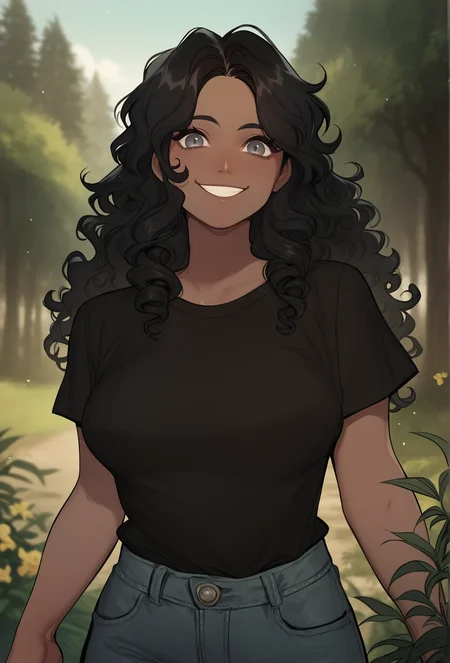 score_9, score_8_up, score_7_up:1, depth of field, outdoors, nature,
<lora:glacierclear_style_ponyXL_v2.3:1> gclearstyle, 1girl, black hair, curly hair, long hair, medium breasts, grey eyes, smile, looking at viewer, (dark skin:1.2) black shirt