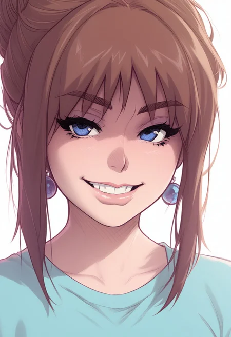 score_9, score_8_up, score_7_up, score_6_up, score_5_up, score_4_up, high quality, melkor_style, source_western, source_anime,
_sidn3y_sw4nson_, 1girl, rating_unsafe, portrait, blue eyes, brown hair, looking at viewer, smirk, teeth, brac3s