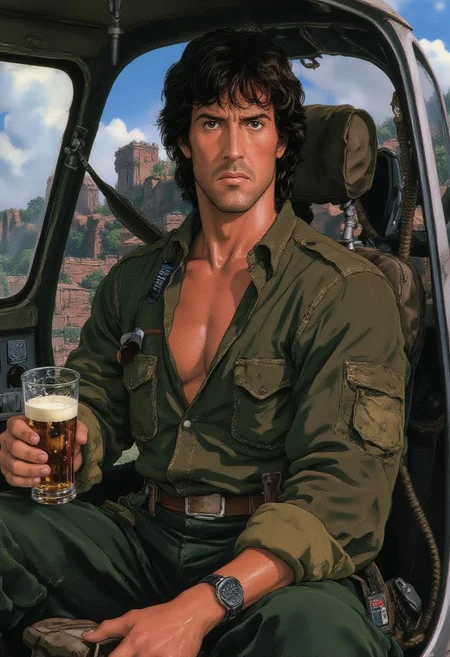 anime style, rambo, John Rambo, holds a beer, sitting in a helicopter