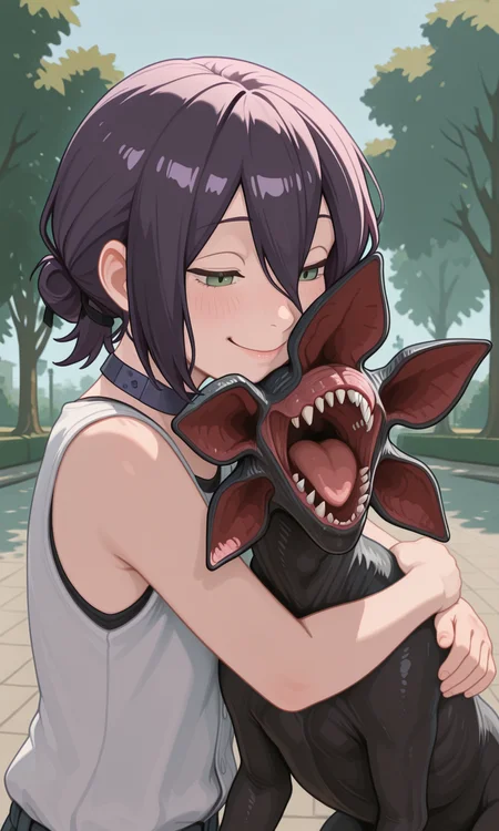 embedding:IllusP0s, g00se, pet collared demogorgon, hugging, loving, smile, 1girl, solo, reze, outdoors, black ribbon, button up, white shirt, sleeveless, park, green eyes,<lora:g00se_v2_ill.safetensors:0.9:0.9> <lora:pet collared demogorgon, leash_illustrious.safetensors:1:1>