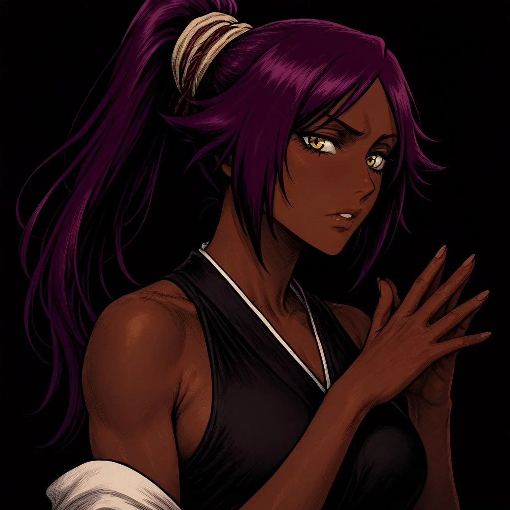 masterpiece, best quality, newest, absurdres, highres, NFCV1.0,
1girl, shihouin yoruichi (bleach), dark-skinned female, yellow eyes, ponytail, Purple hair,
