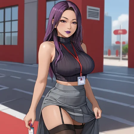 <lora:psylocke_pony_v1:1> PsylockeMarvel, 1girl,  purple hair, long hair, large breasts, purple eyes, asian,  makeup, purple lipstick,eyeshadow, cowboy shot,  <lora:0897 Home wear 3_v1_pony:1> ruanyi0897,black thighhighs,garter straps,turtleneck,id card,lanyard,grey skirt,crop top,black sleeveless sweater,long skirt,