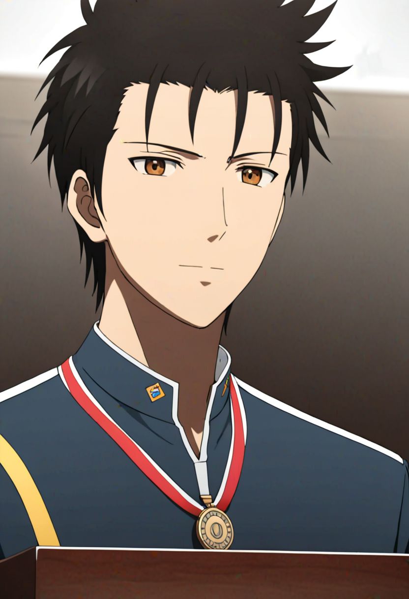 Highres, Masterpiece, High Quality, 4K, 8K, solo, 1Boy, Soujirou Agata, brown eyes, black hair, smart, 1st place, podium, winner, game, competition, easynegative, detailed_eye_model