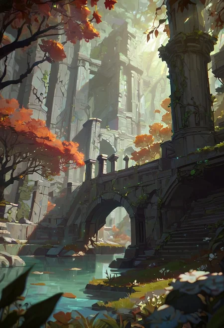 score_9, score_8_up, score_7_up, score_6_up, arkn, detailed drawing, forest, autumn, flowers, beautiful blue pond, grass, early morning, sun rays, white stone ruins, dynamic light,