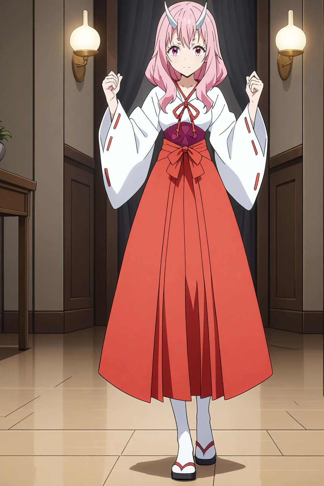 red hakama skirt white kimono, ts-shuna, 1girl, solo, skinny, masterpiece, absurdres, high quality, highres, best quality, (full body:1.20), recent <lora:ts-shuna-V01:0.7>