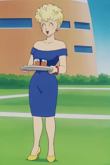source_anime, score_9, score_8_up, score_7_up, anime screencap,8k, absurdres,
panchy, 1girl, solo, breasts, smile, open mouth, blonde hair, dress, holding, cleavage, bare shoulders, jewelry, standing, full body, short hair, curly hair, closed eyes, earrings, food, off shoulder, high heels, bracelet, cup, blue dress, grass, blue sky, drinking glass, tray, off-shoulder dress, holding tray, yellow footwear
<lora:panchy_pony_v1:0.8>