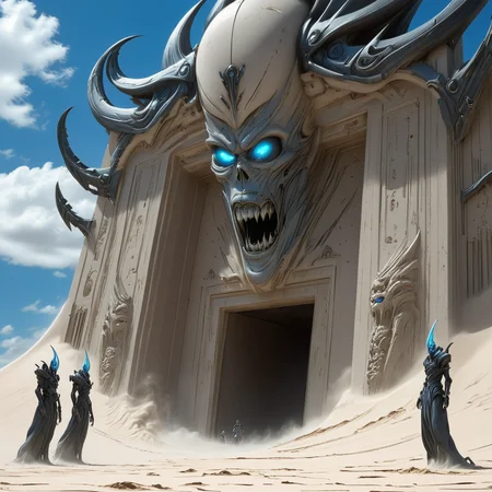 <lora:Eldritch_Sci-FiSDXL:1> ArsMJStyle, Eldritch Sci-Fi, The image shows a group of people standing in front of a large building with a door surrounded by sand and a sky with clouds in the background. The people appear to be animated giving the image a dynamic feel., monster, weapon, cloud, blue eyes, sky, glowing eyes, sword, glowing, giant, 1boy