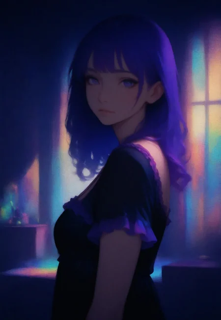 masterpiece, best quality, very aesthetic,1girl, purple hair, black nightgown, frills, short sleeves, room, colorful, looking at viewer, portrait, from side