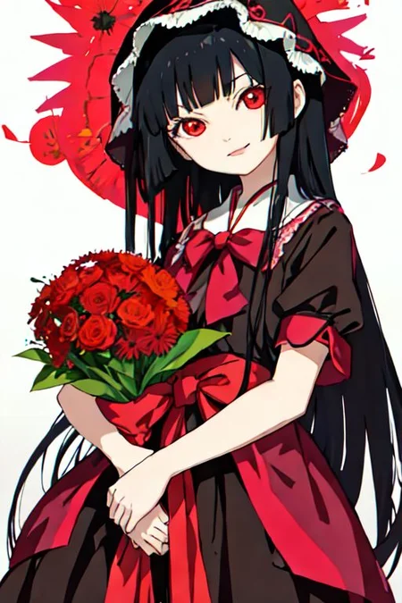 enma_ai ((short sleeves)), girl1, bangs, black hair, long hair, gothic clothes, smile, bonnet, holding_bouquet, flower field