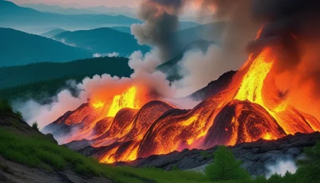 scenery, cloud, fire, green mountain, no humans, sky, outdoors, cloudy sky, landscape, molten rock <lora:volcano:0.7>